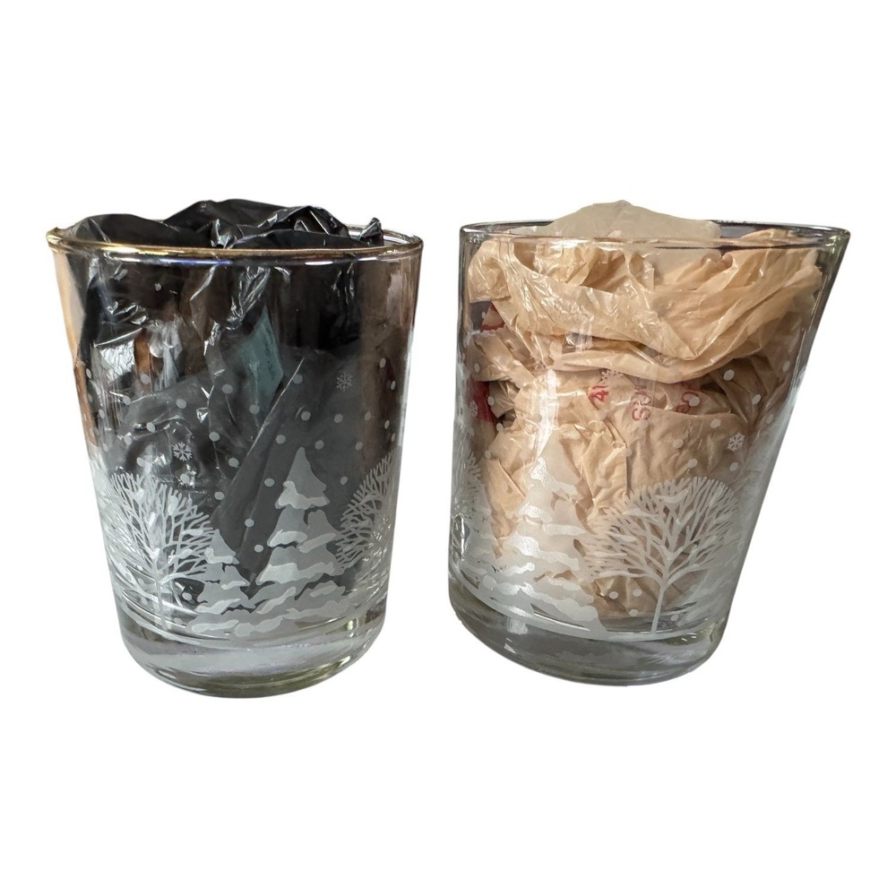 VTG Winter Woodland Holiday Snow Scene Rocks Glasses White Frosted Set of 2